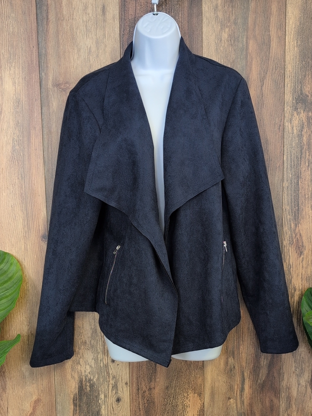 Navy Blue Open-Front Draped Suede-feel Blazer Jacket XL AC104